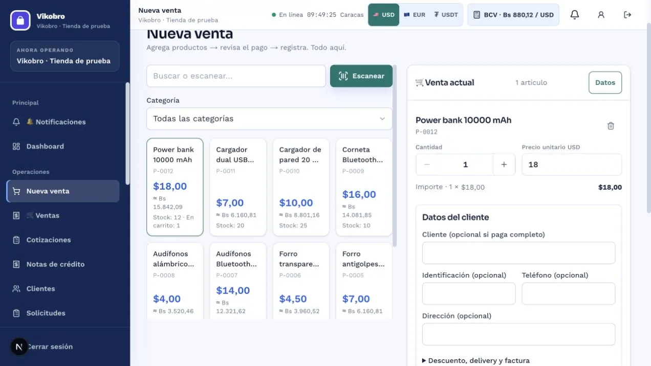 Pantalla real de nueva venta de Vikobro con productos y espacio para registrar el cobro.